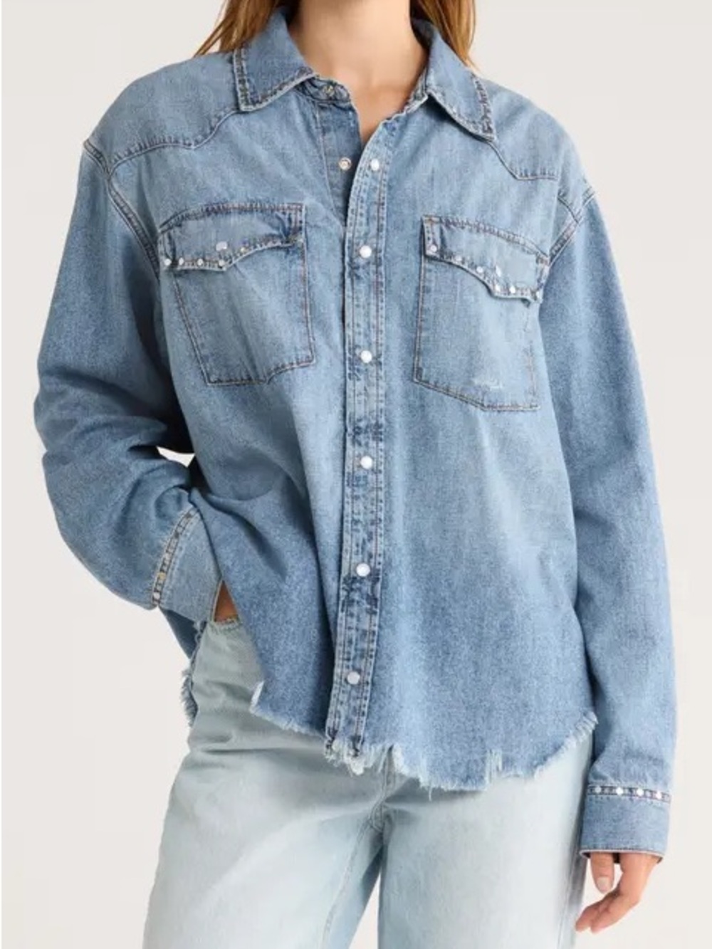 RE/DONE Distressed Western Stud Denim Shirt Size M NWT
